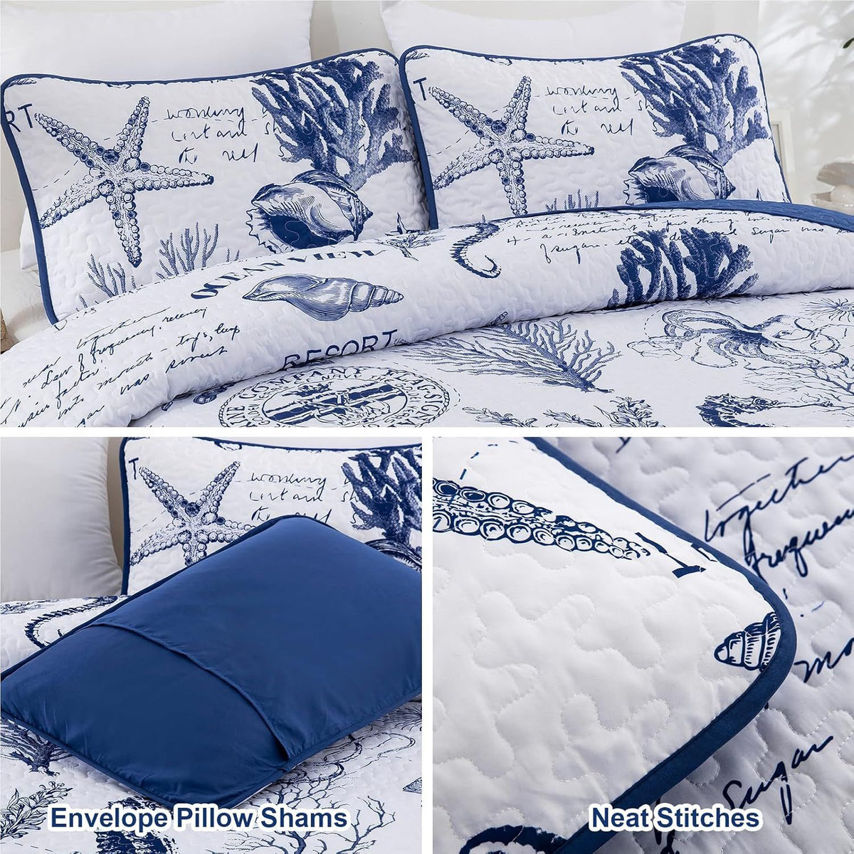 Navy Blue Coastal Aura Bedspread Coverlet 3 Piece Set