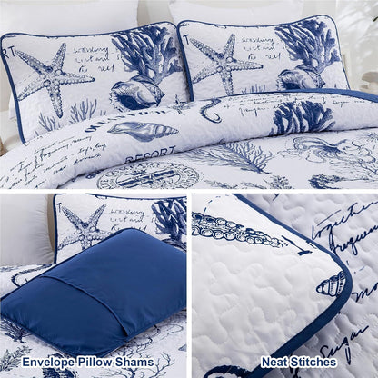 Navy Blue Coastal Aura Bedspread Coverlet 3 Piece Set