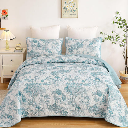 Blue Floral Botanical Serenity Bedspread Coverlet 3 Piece Set