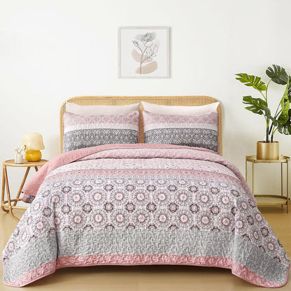 Pink Floral Stripe Bloom Bedspread Coverlet 3 Piece Set