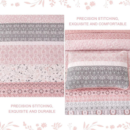 Pink Floral Stripe Bloom Bedspread Coverlet 3 Piece Set