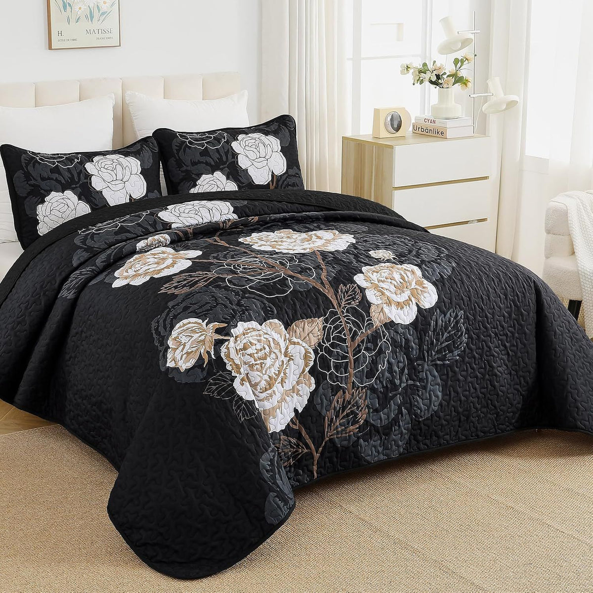 Black Floral Majesty Bedspread Coverlet 3 Piece Set