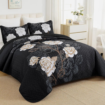 Black Floral Majesty Bedspread Coverlet 3 Piece Set