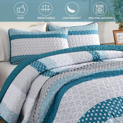 Teal Blue Stripe Boho Elysian Bedspread Coverlet 3 Piece Set
