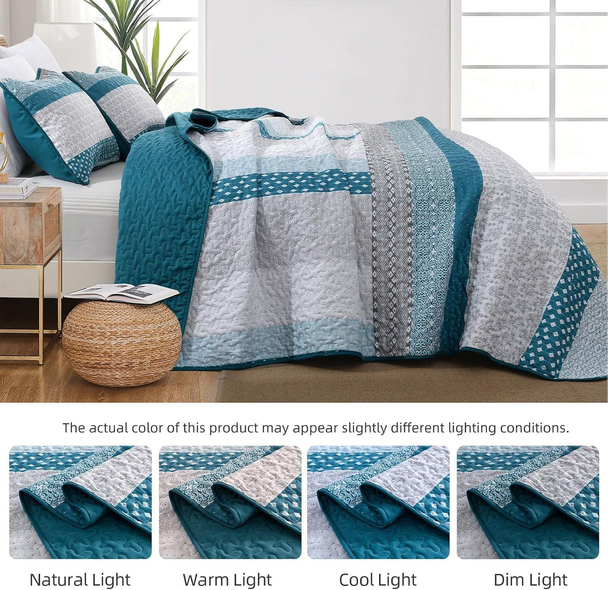 Teal Blue Stripe Boho Elysian Bedspread Coverlet 3 Piece Set