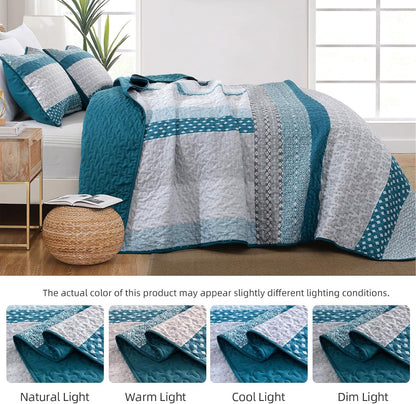Teal Blue Stripe Boho Elysian Bedspread Coverlet 3 Piece Set