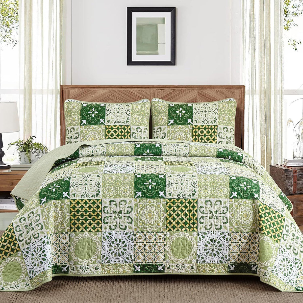 Sage Green Plaid Patchwork Garden Bedspread Coverlet 3 Piece Set