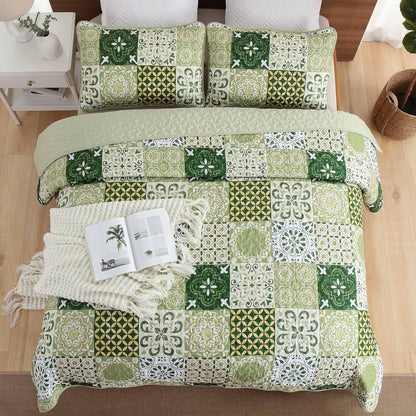 Sage Green Plaid Patchwork Garden Bedspread Coverlet 3 Piece Set