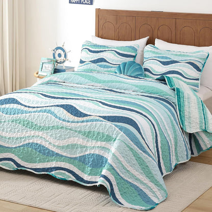 Elegant Coastal Sea Wave Meadow Bedspread Coverlet 3 Piece Set