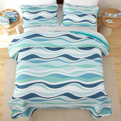 Elegant Coastal Sea Wave Meadow Bedspread Coverlet 3 Piece Set