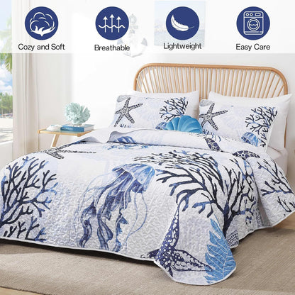 Blue Nautical Coastal Luxe Bedspread Coverlet 3 Piece Set