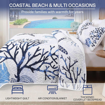 Blue Nautical Coastal Luxe Bedspread Coverlet 3 Piece Set