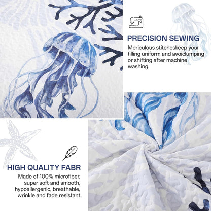 Blue Nautical Coastal Luxe Bedspread Coverlet 3 Piece Set