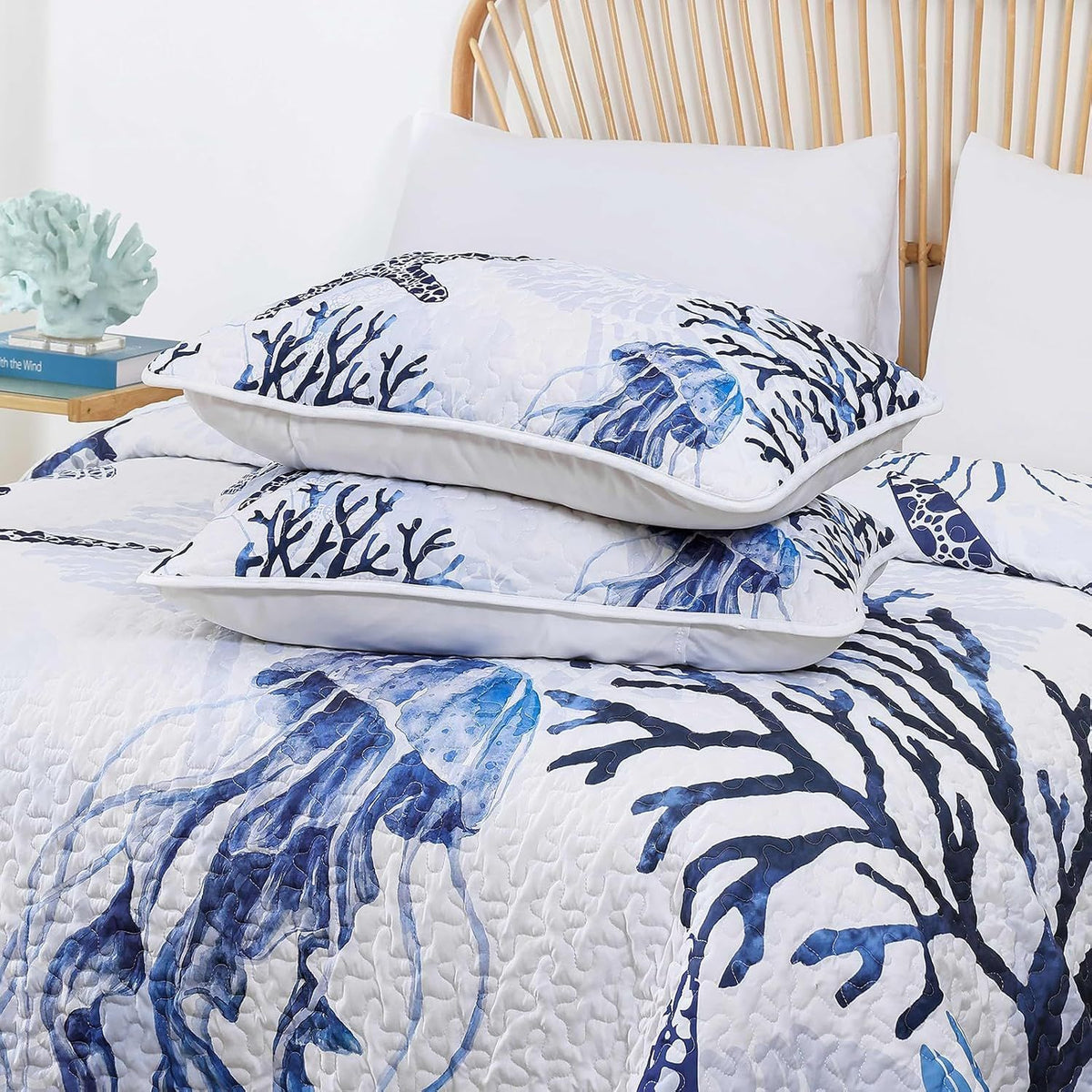 Blue Nautical Coastal Luxe Bedspread Coverlet 3 Piece Set