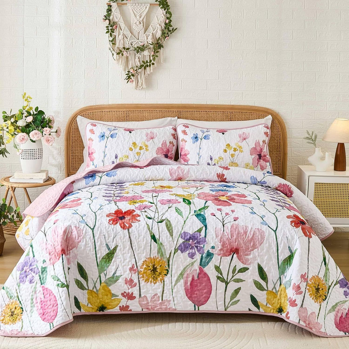 Pink Floral Haven Bedspread Coverlet 3 Piece Set