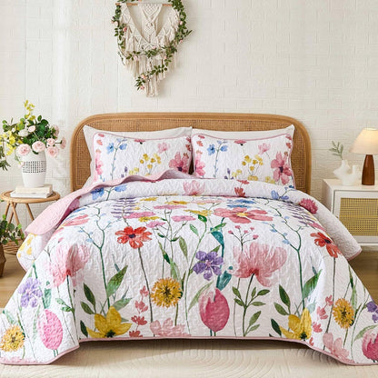 Pink Floral Haven Bedspread Coverlet 3 Piece Set