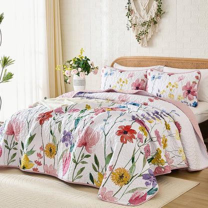 Pink Floral Haven Bedspread Coverlet 3 Piece Set