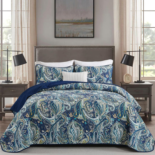 Navy Paisley Boho Dream Bedspread Coverlet 3 Piece Set