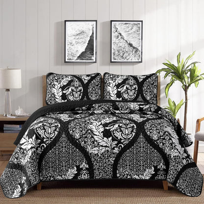 Black Damask Boho Serenity Bedspread Coverlet 3 Piece Set