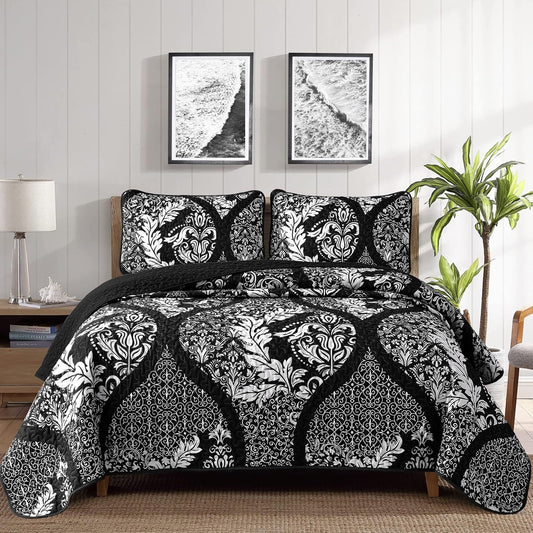 Black Damask Boho Serenity Bedspread Coverlet 3 Piece Set
