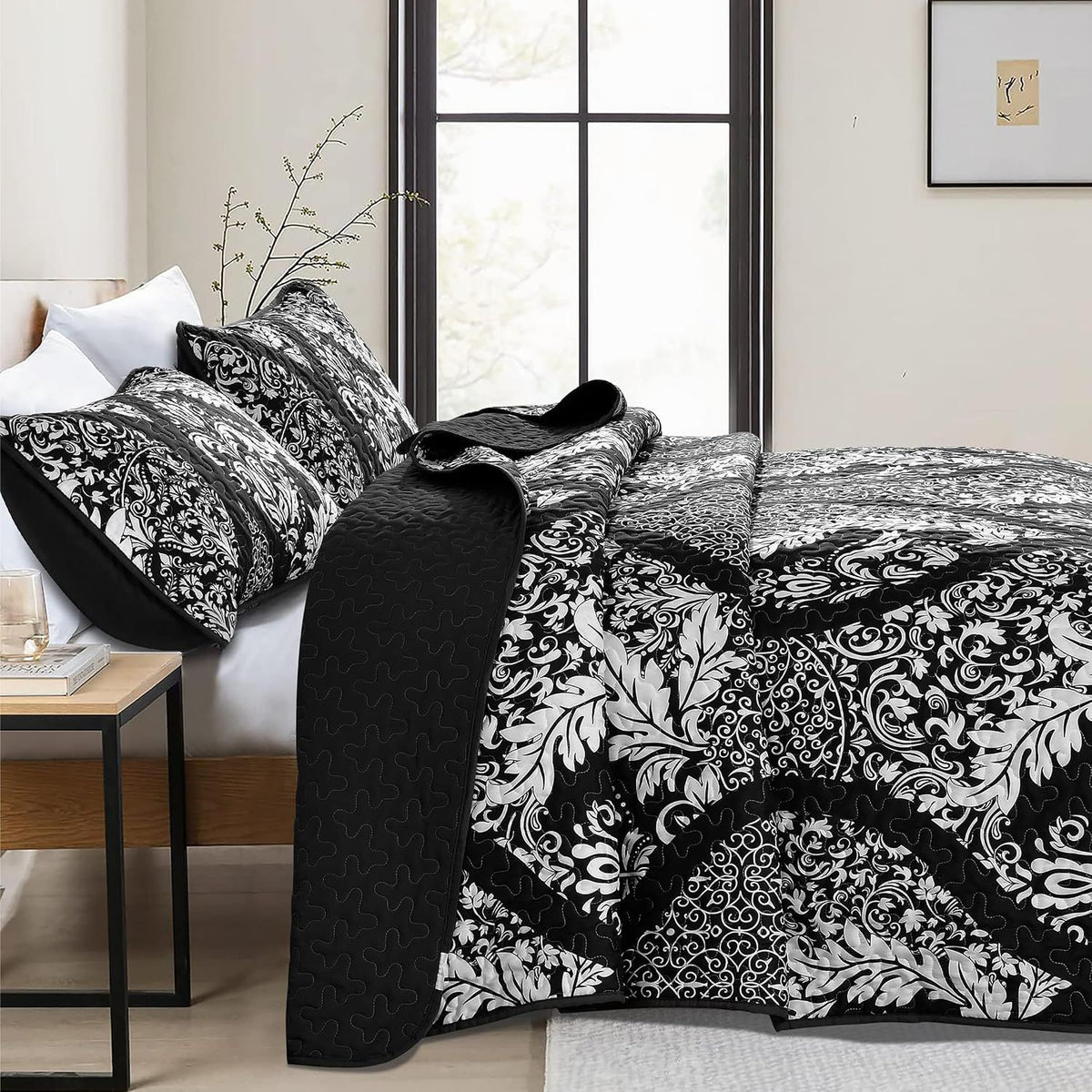 Black Damask Boho Serenity Bedspread Coverlet 3 Piece Set