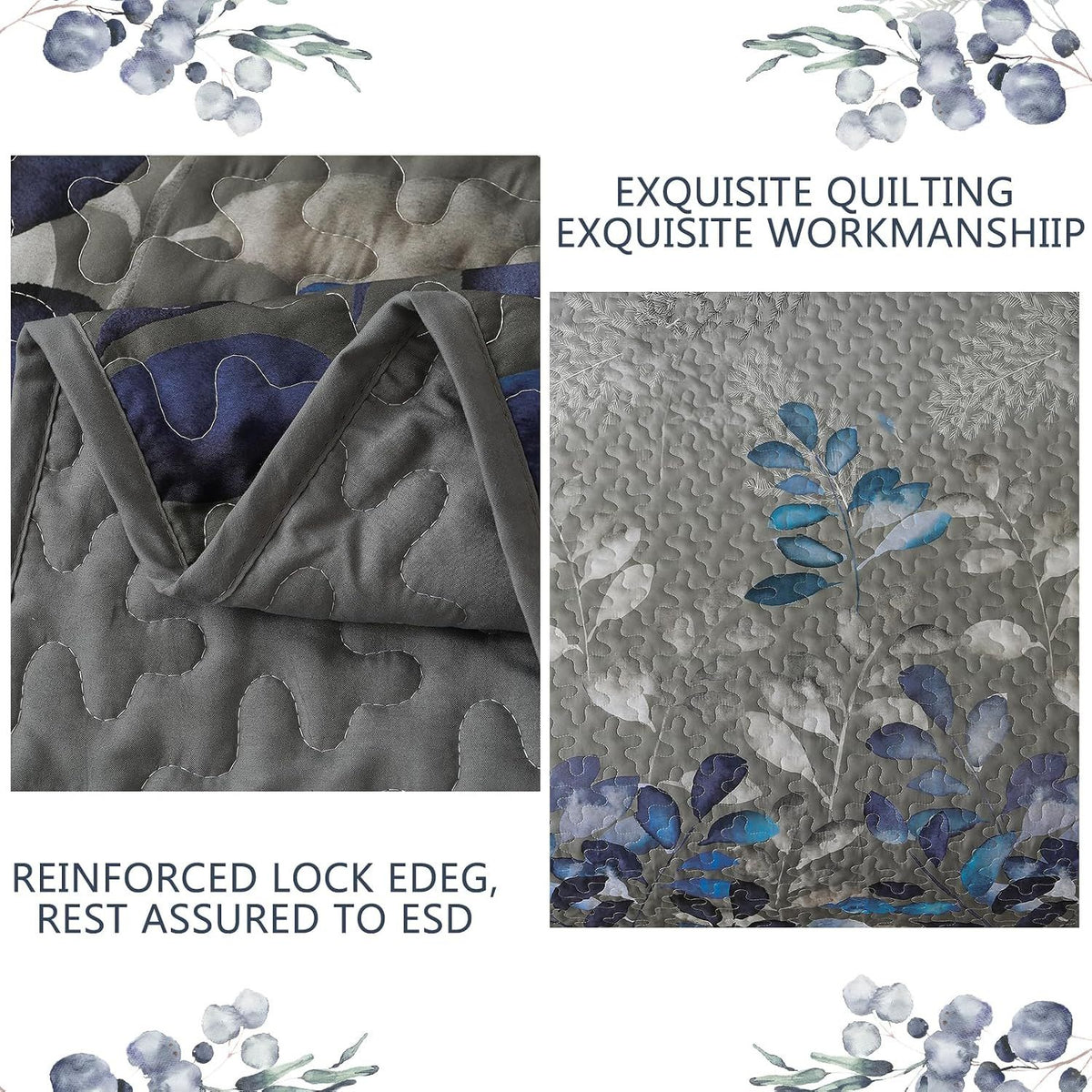 Grey Blue Floral Garden Bedspread Coverlet 3 Piece Set