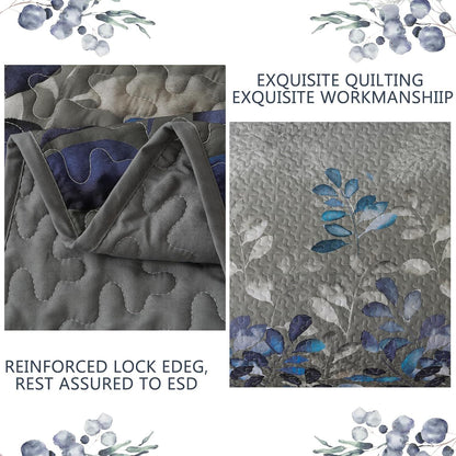 Grey Blue Floral Garden Bedspread Coverlet 3 Piece Set