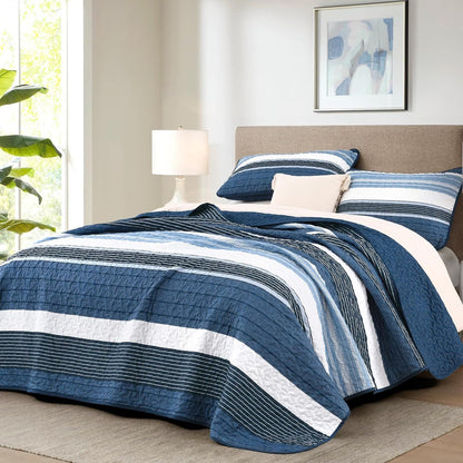 Blue Stripe Patchwork Mosaic Bedspread Coverlet 3 Piece Set