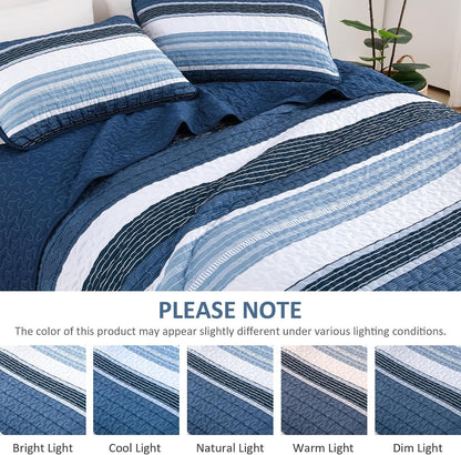 Blue Stripe Patchwork Mosaic Bedspread Coverlet 3 Piece Set