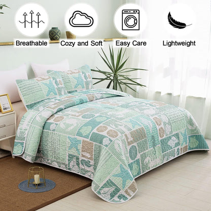Green Coastal Haven Bedspread Coverlet 3 Piece Set