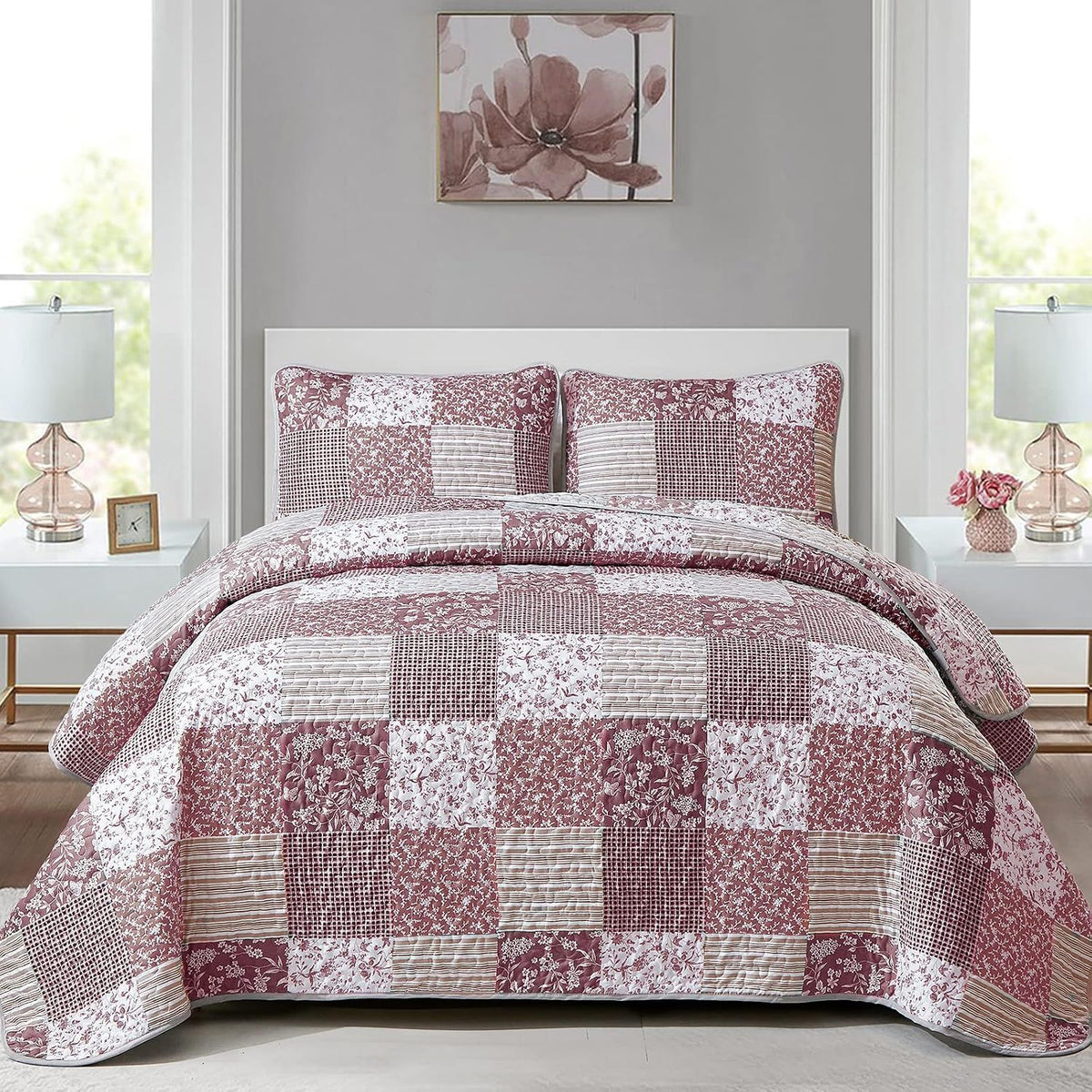 Blush Bohemian Patchwork 3 Piece bed spread Set