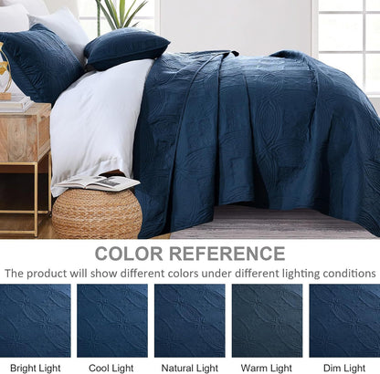 Navy Blue Embossed Haven Bedspread Coverlet 3 Piece Set
