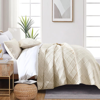 Beige Quilted Royale Bedspread Coverlet 3 Piece Set