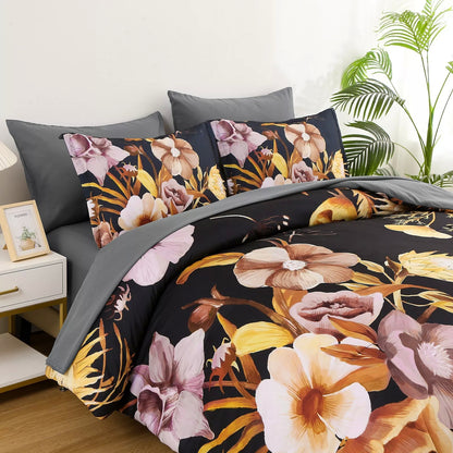 Soft Floral Leaf Comforter Set, King Size, Quilted Bedding with Pillowcases