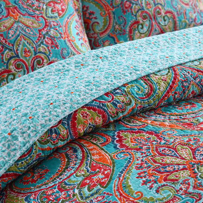 Blue Teal Boho Print Bedspread Quilt Set + Pillowcases