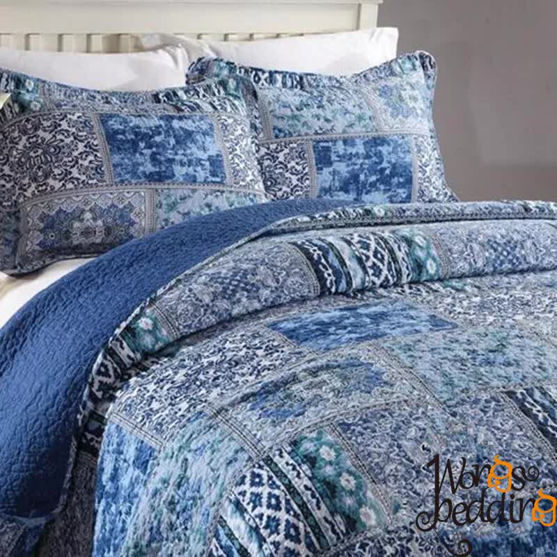 Boho Blue Quilted Coverlet & Pillow Set: Vibrant, Cozy Elegance - king