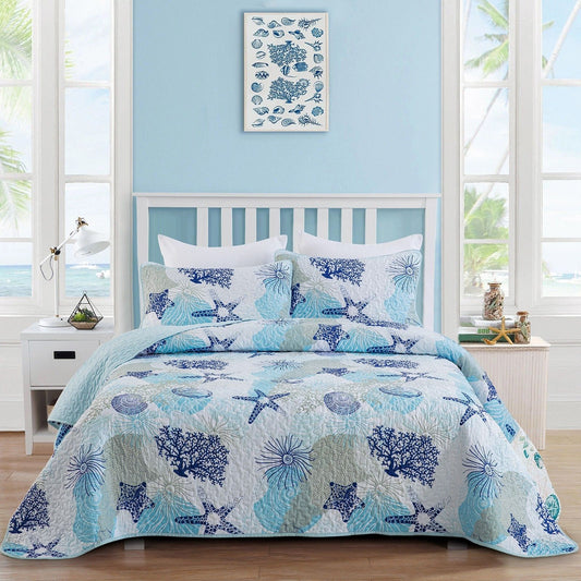 Light Blue Coastal Seashell Bedspread Coverlet 3 Piece Set