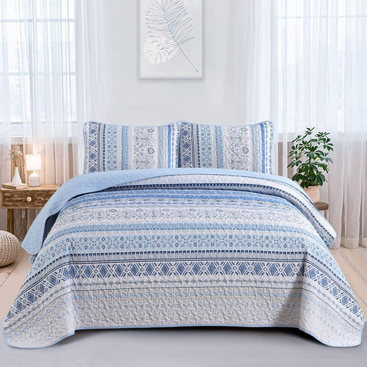 Light Blue Haven Stripe Bedspread Coverlet 3 Piece Set