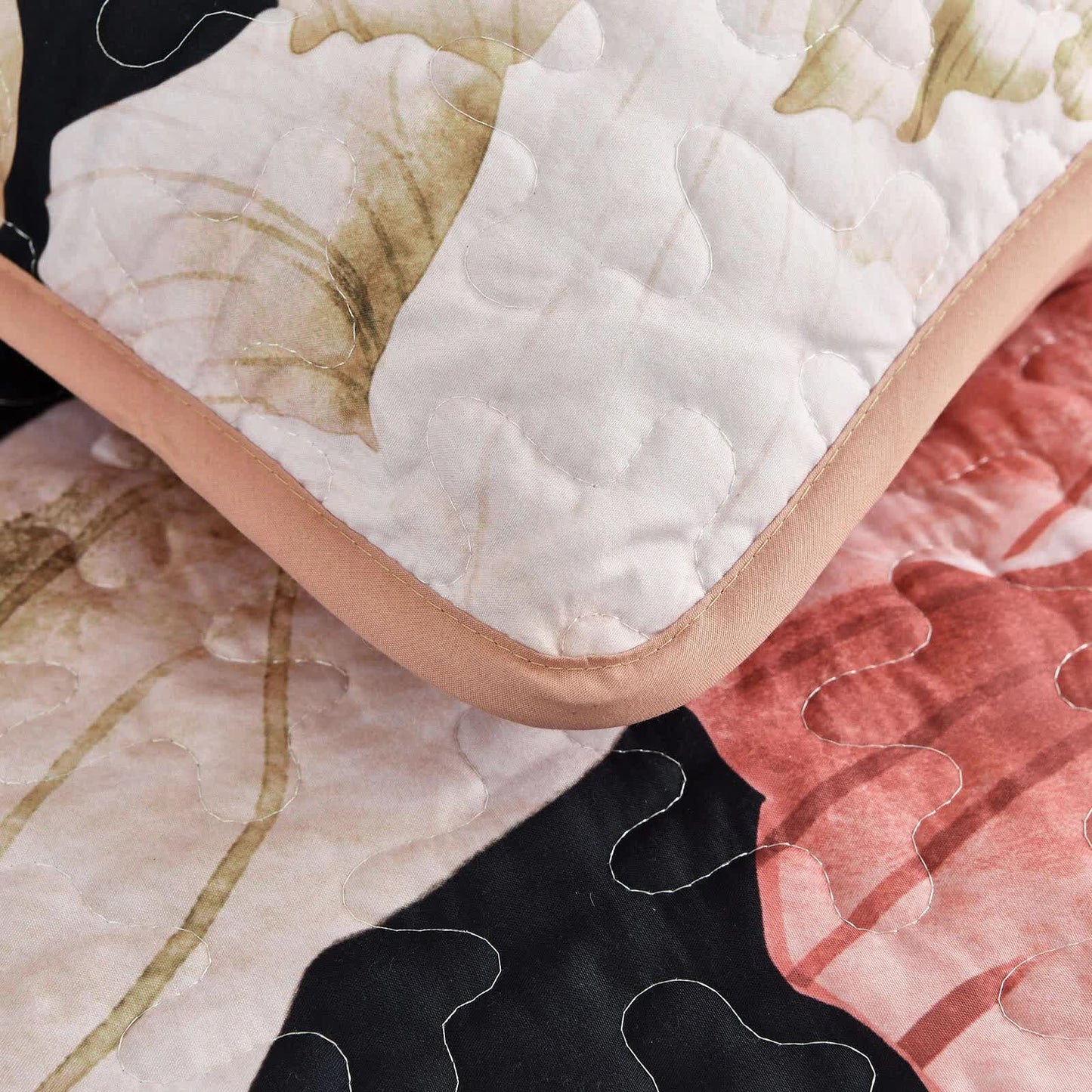 Blossom Trio Quilted Coverlet Set with Pillowcases (Black, Red & Pink
