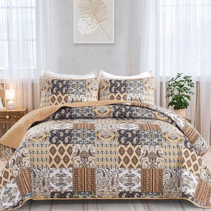 Enchanting Lace boho green Quilted 3 Pc Bedspread & Pillow Cover Set