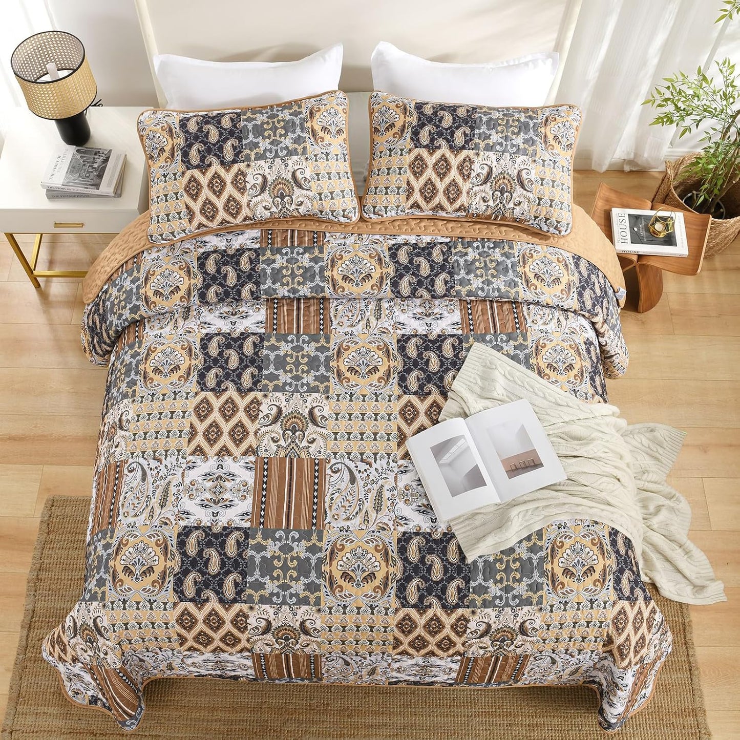 Enchanting Lace boho green Quilted 3 Pc Bedspread & Pillow Cover Set