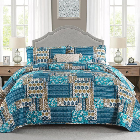 Teal Mosaic Patchwork Bedspread Coverlet 3 Piece Set