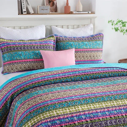 100% Cotton Violet Lagoon Floral Stripe Coverlet Bedspread Set
