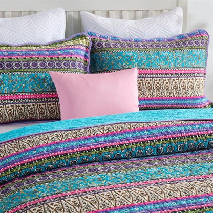 100% Cotton Violet Lagoon Floral Stripe Coverlet Bedspread Set
