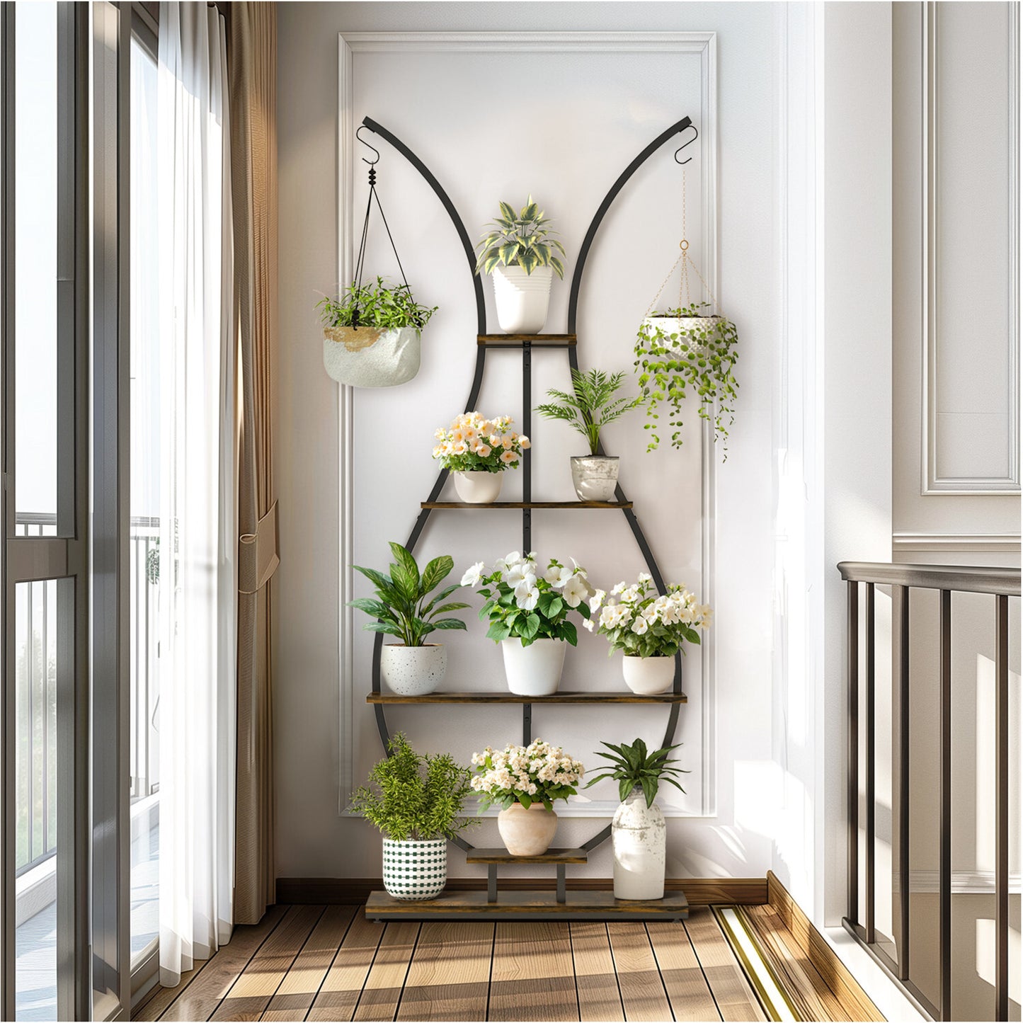 180Cm Tall Plant Stand Indoor Vase-Shape Metal Plant Shelf With Hanging Hooks