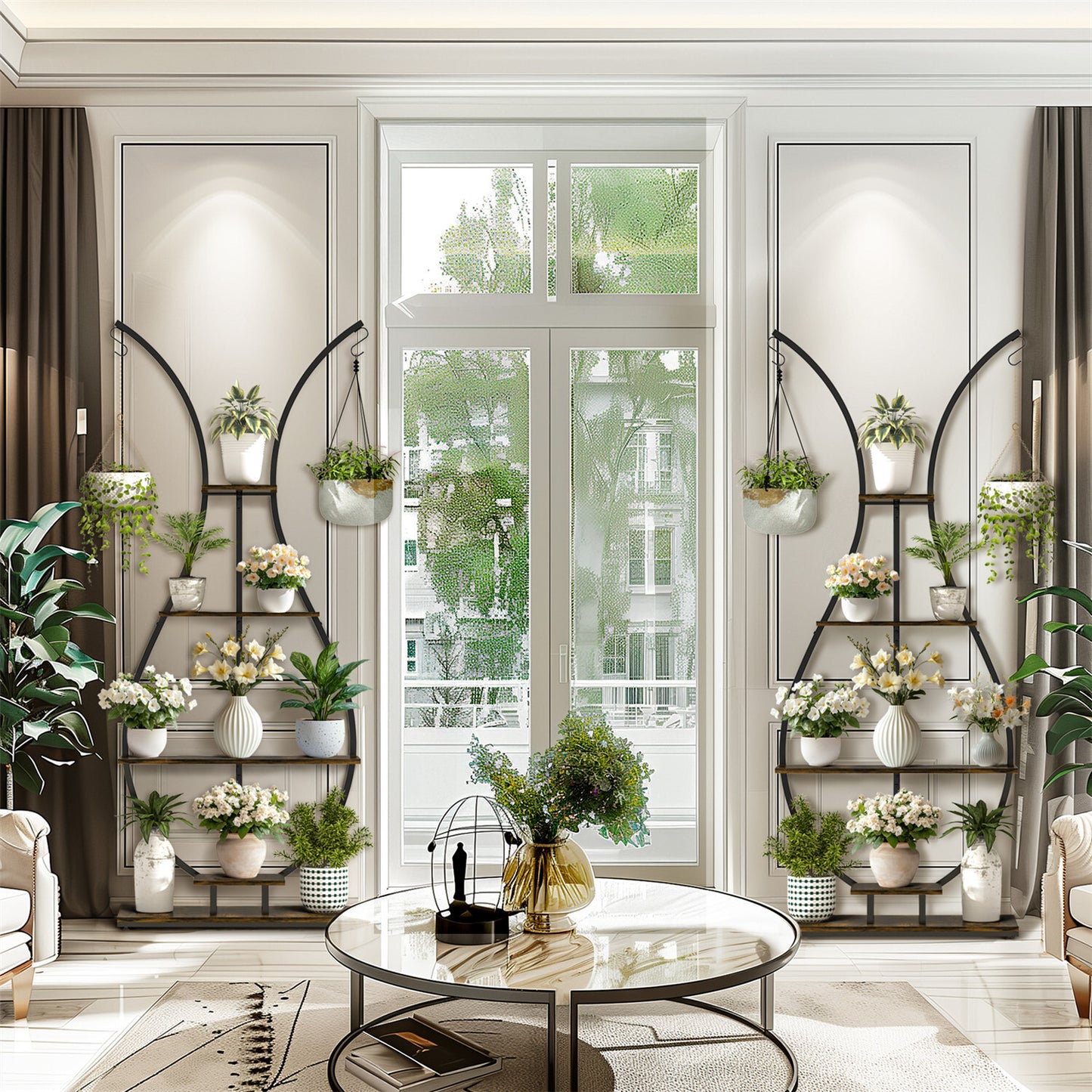 180Cm Tall Plant Stand Indoor Vase-Shape Metal Plant Shelf With Hanging Hooks