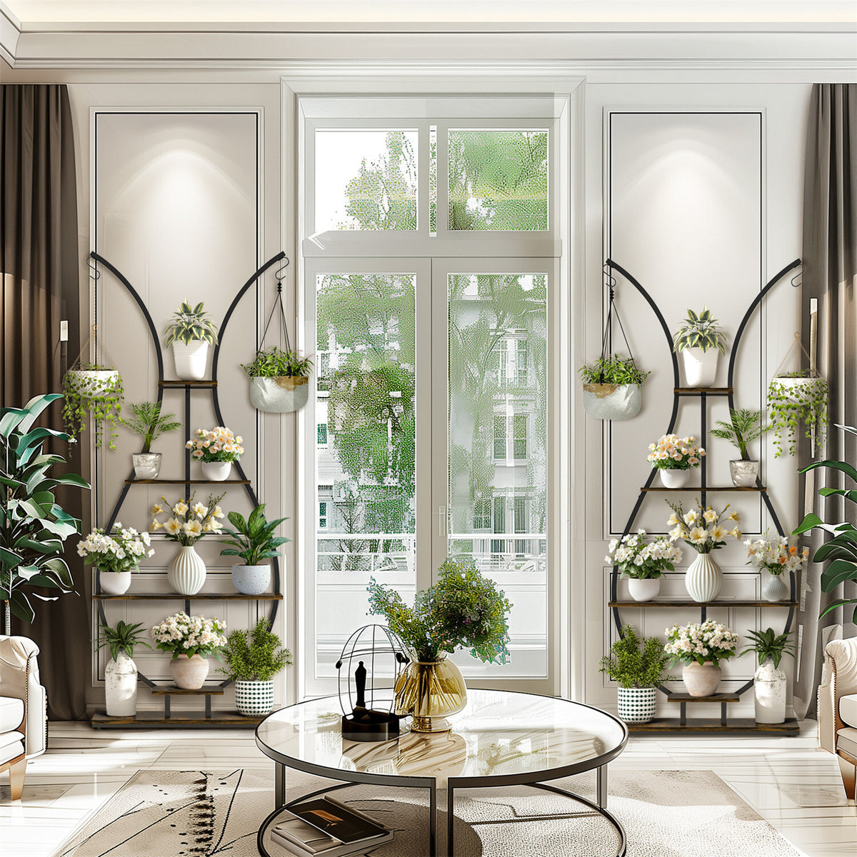 180Cm Tall Plant Stand Indoor Vase-Shape Metal Plant Shelf With Hanging Hooks