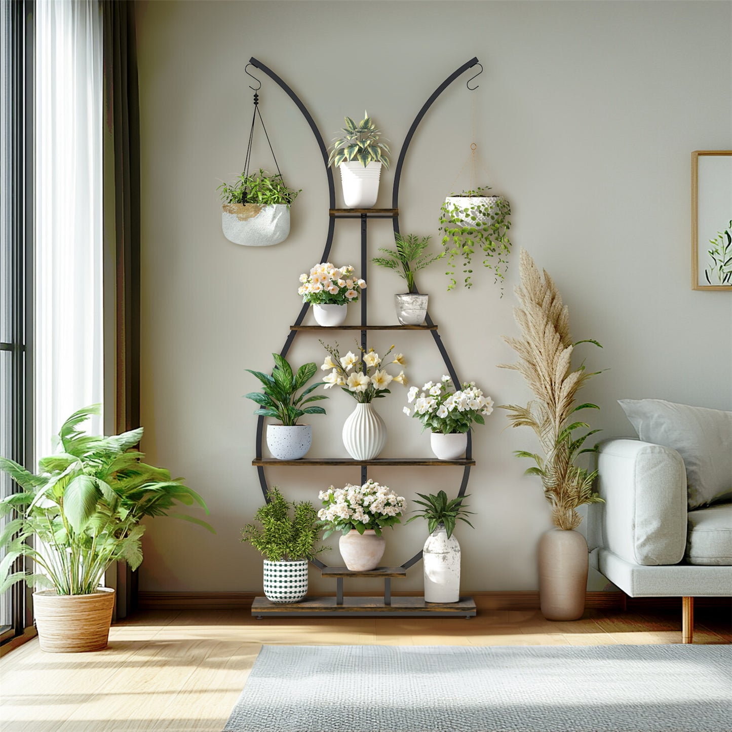 180Cm Tall Plant Stand Indoor Vase-Shape Metal Plant Shelf With Hanging Hooks
