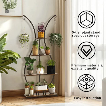 180Cm Tall Plant Stand Indoor Vase-Shape Metal Plant Shelf With Hanging Hooks