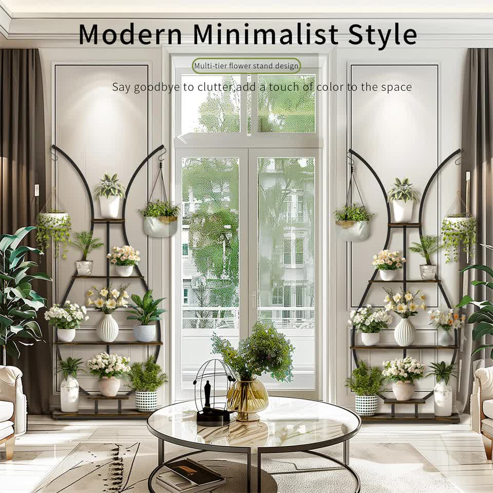 180Cm Tall Plant Stand Indoor Vase-Shape Metal Plant Shelf With Hanging Hooks